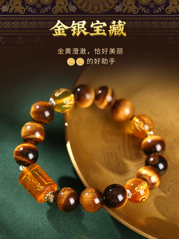 Handcrafted Three-Faced Deity Tiger Eye Bracelet - 6-Word Mantra for Protection & Power