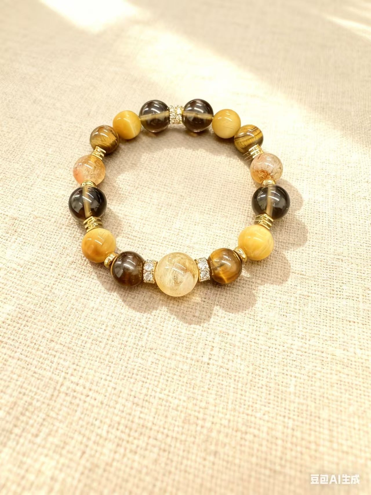 Citrine Rutilated Quartz Tiger Eye Bracelet - Wealth & Success Charm