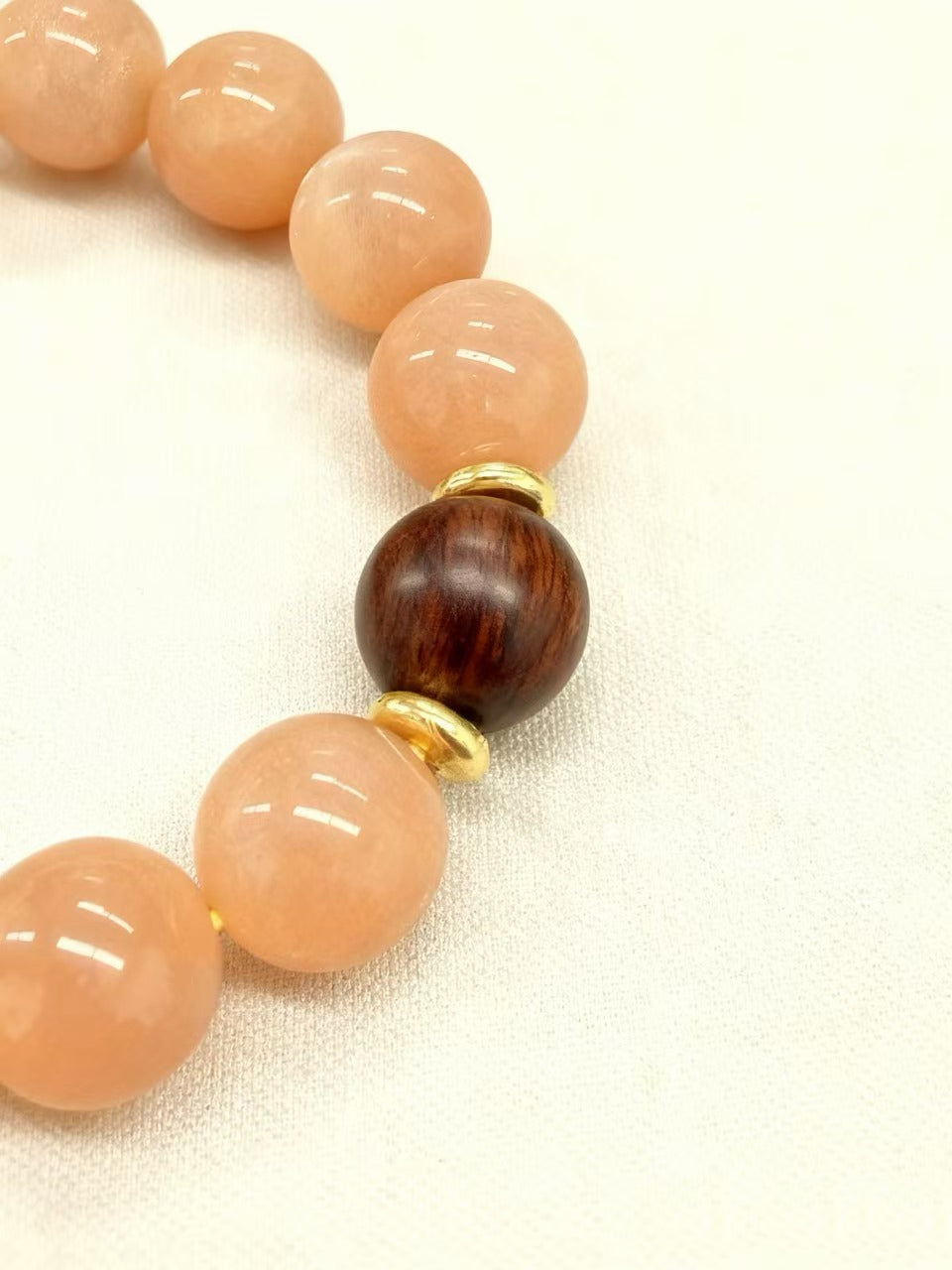 Peach Moonstone Bracelet with Sandalwood Bead - Creativity & Tranquility