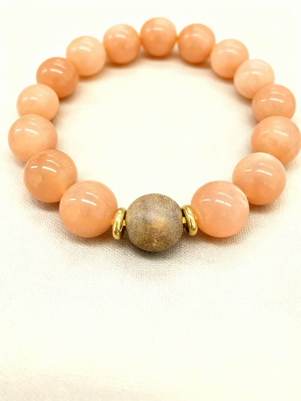 Peach Moonstone Bracelet with Sandalwood Bead - Creativity & Tranquility