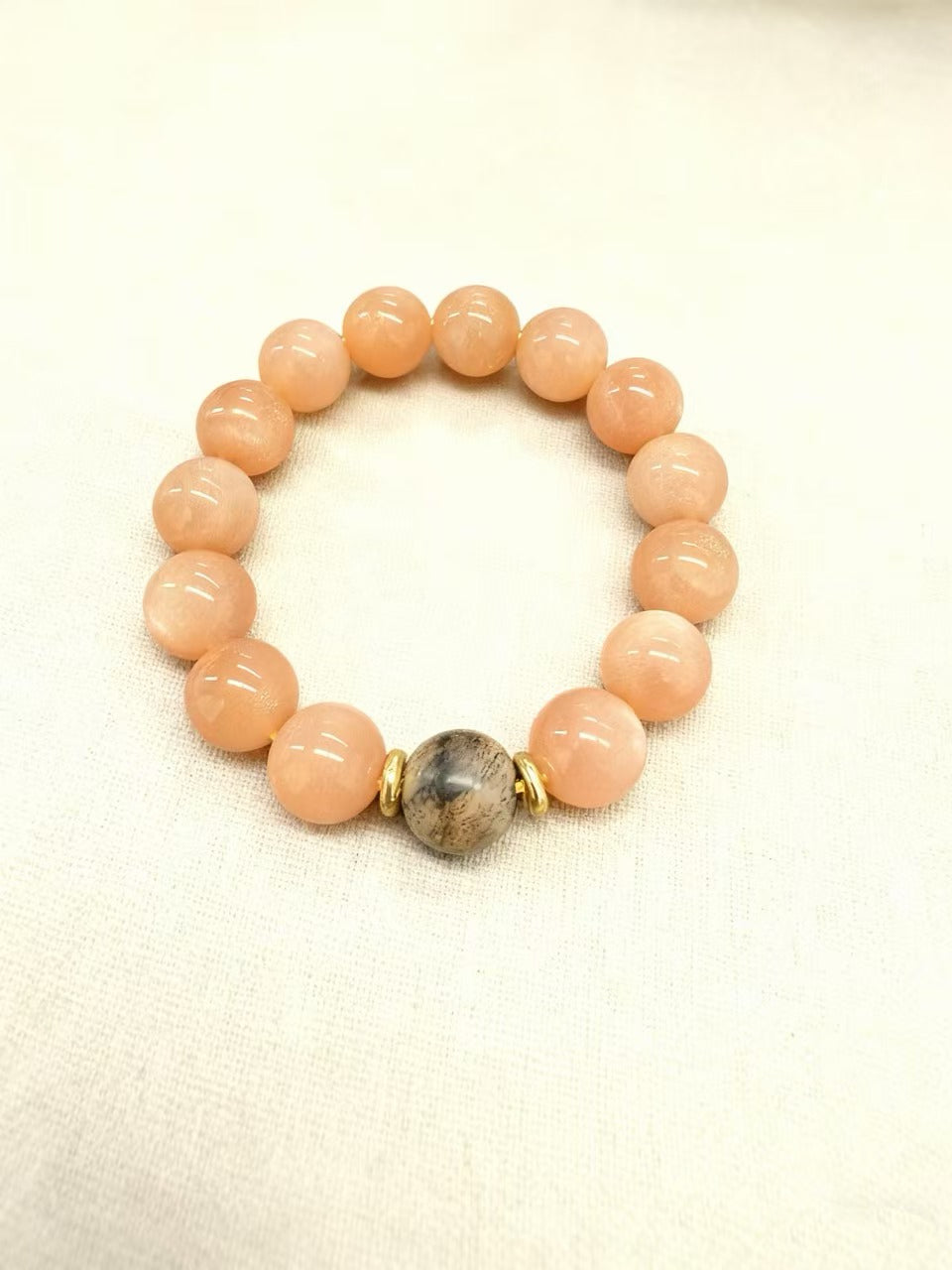 Peach Moonstone Bracelet with Sandalwood Bead - Creativity & Tranquility