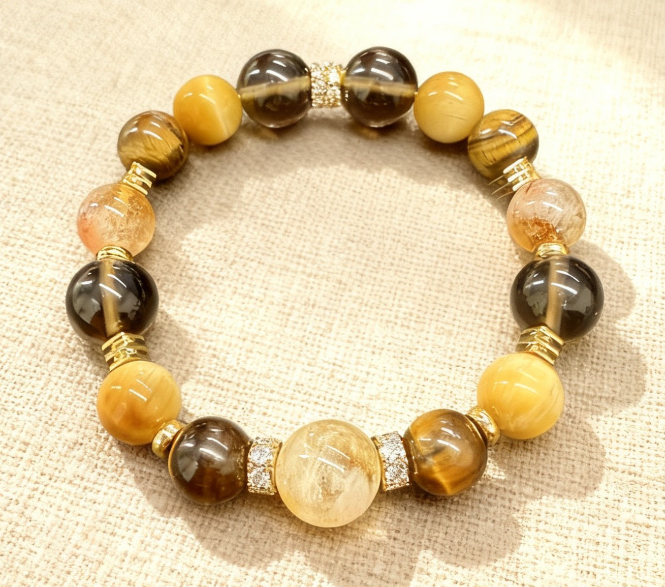 Citrine Rutilated Quartz Tiger Eye Bracelet - Wealth & Success Charm