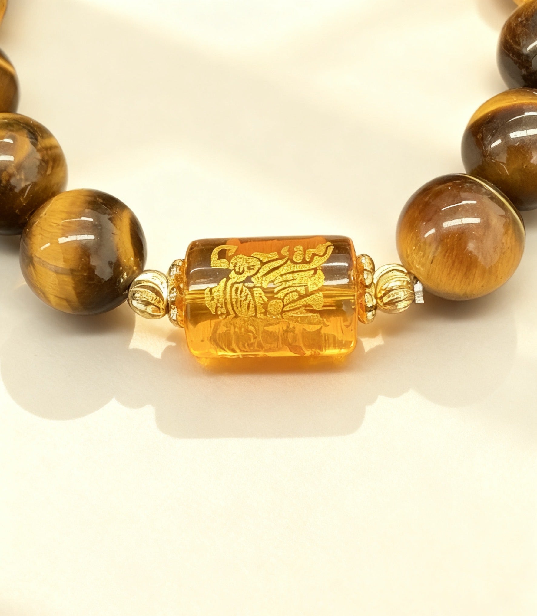 Handcrafted Three-Faced Deity Tiger Eye Bracelet - 6-Word Mantra for Protection & Power