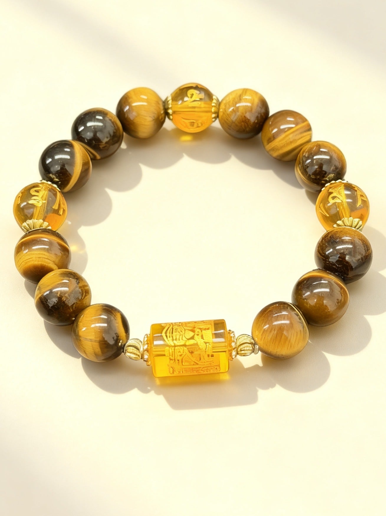 Handcrafted Three-Faced Deity Tiger Eye Bracelet - 6-Word Mantra for Protection & Power