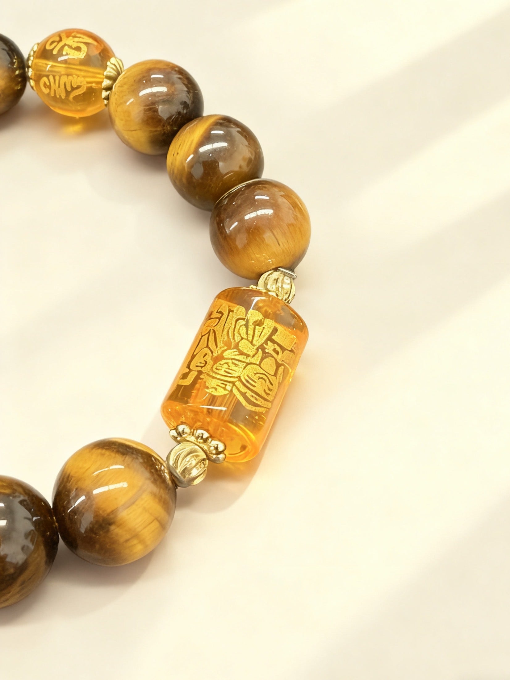 Handcrafted Three-Faced Deity Tiger Eye Bracelet - 6-Word Mantra for Protection & Power