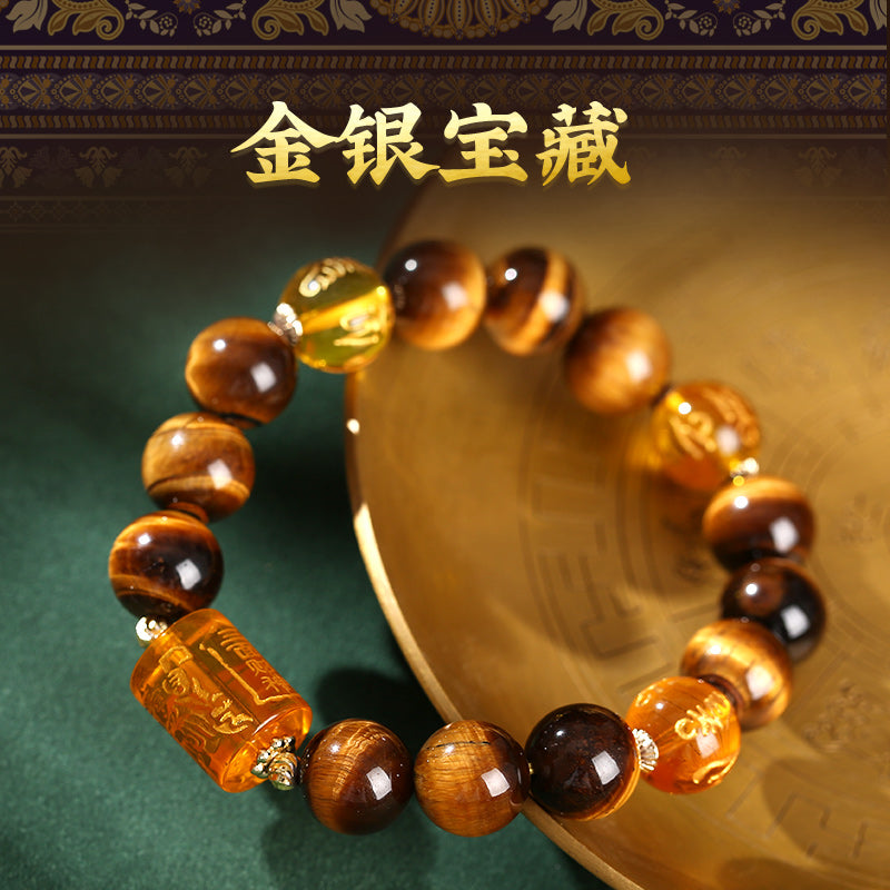Handcrafted Three-Faced Deity Tiger Eye Bracelet - 6-Word Mantra for Protection & Power
